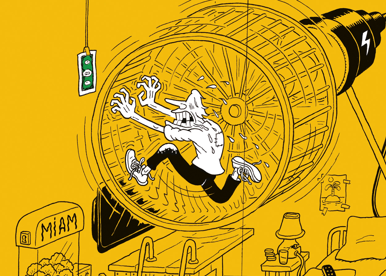 Cours toujours, illustration de Gwel, un homme épuisé court dans une roue de hamster géante sur fond jaune