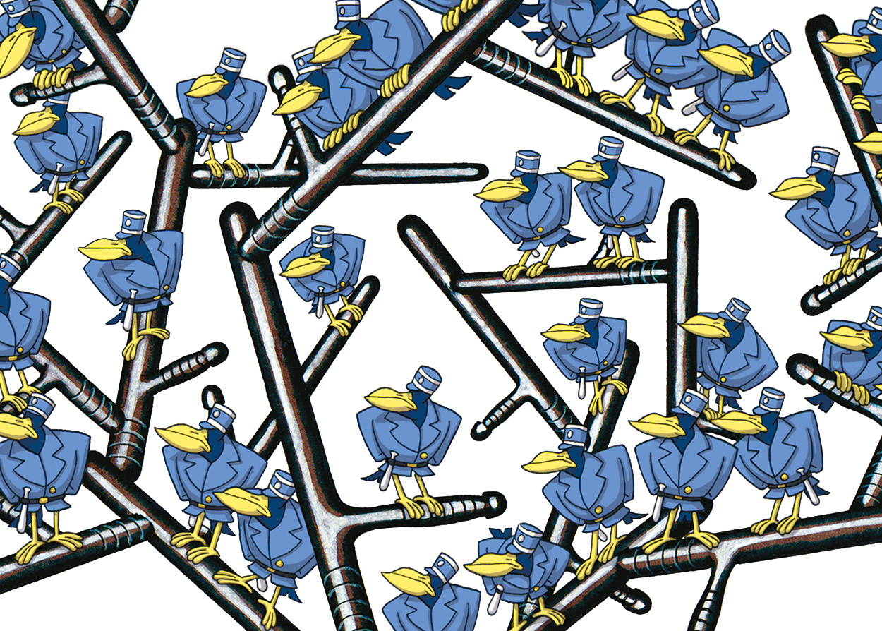 Les Oiseaux, illustration de Gwel, des oiseaux bleus coiffés de casquettes perchés sur des branches noires entremêlées