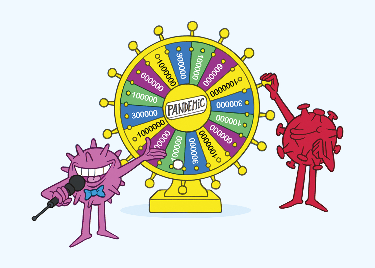Meurtri-score, illustration de Gwel, une roue de la fortune Pandemic animée par deux virus, l'un violet au micro, l'autre rouge