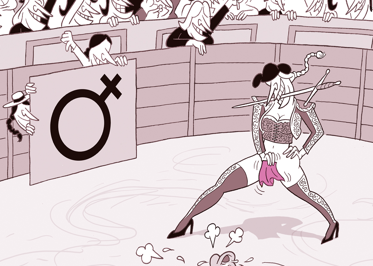 Olé, illustration de Gwel, une arène de corrida avec un matador et un grand symbole féminin, tons rosés