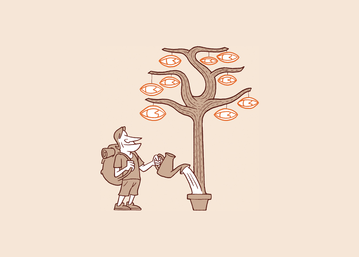 Chacun son arbre, illustration de Gwel, un randonneur avec son sac à dos arrose un arbre dont les feuilles sont des yeux, fond beige