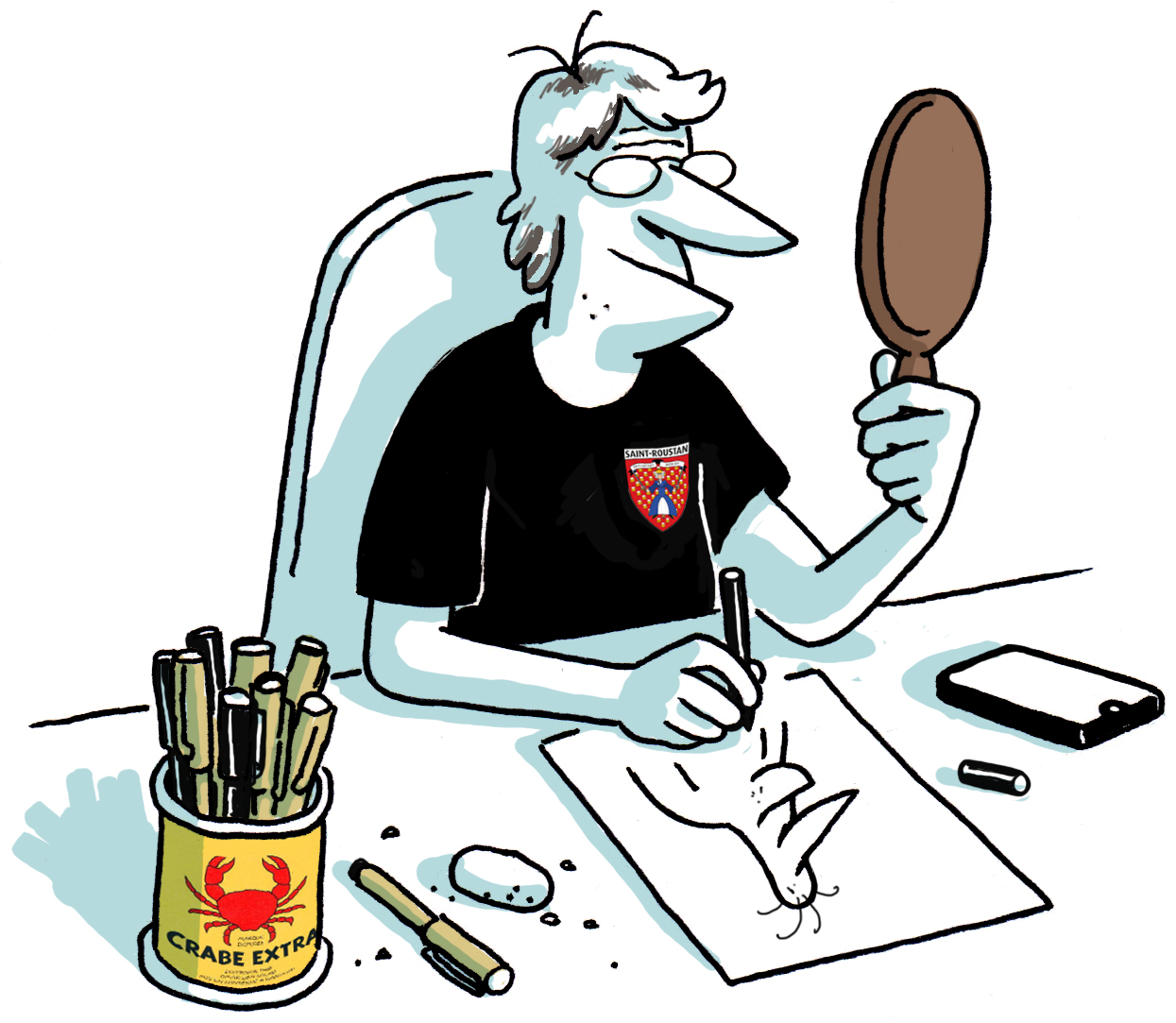 Autoportrait de Gwel, illustrateur de presse à Lyon, en train de dessiner à son bureau